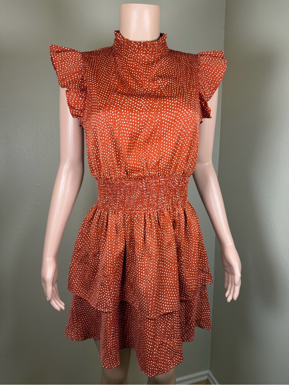 THML Rust Polka Dot Ruffle Tiered Mini Dress